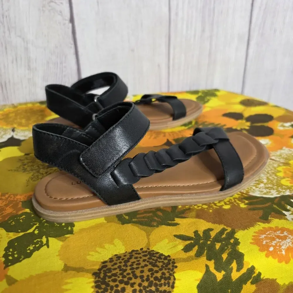 Lucky Brand Natany Black Leather Flat Sandals Braided T Strap Ankle - Size 6